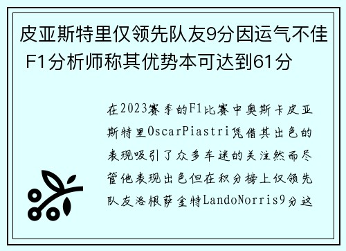皮亚斯特里仅领先队友9分因运气不佳 F1分析师称其优势本可达到61分